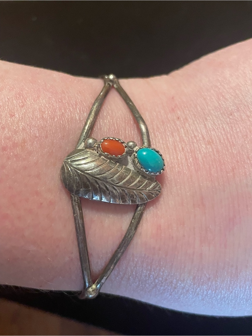 Vintage 925 Sterling Silver Coral & Turquoise Cuff Bracelet Southwestern Native